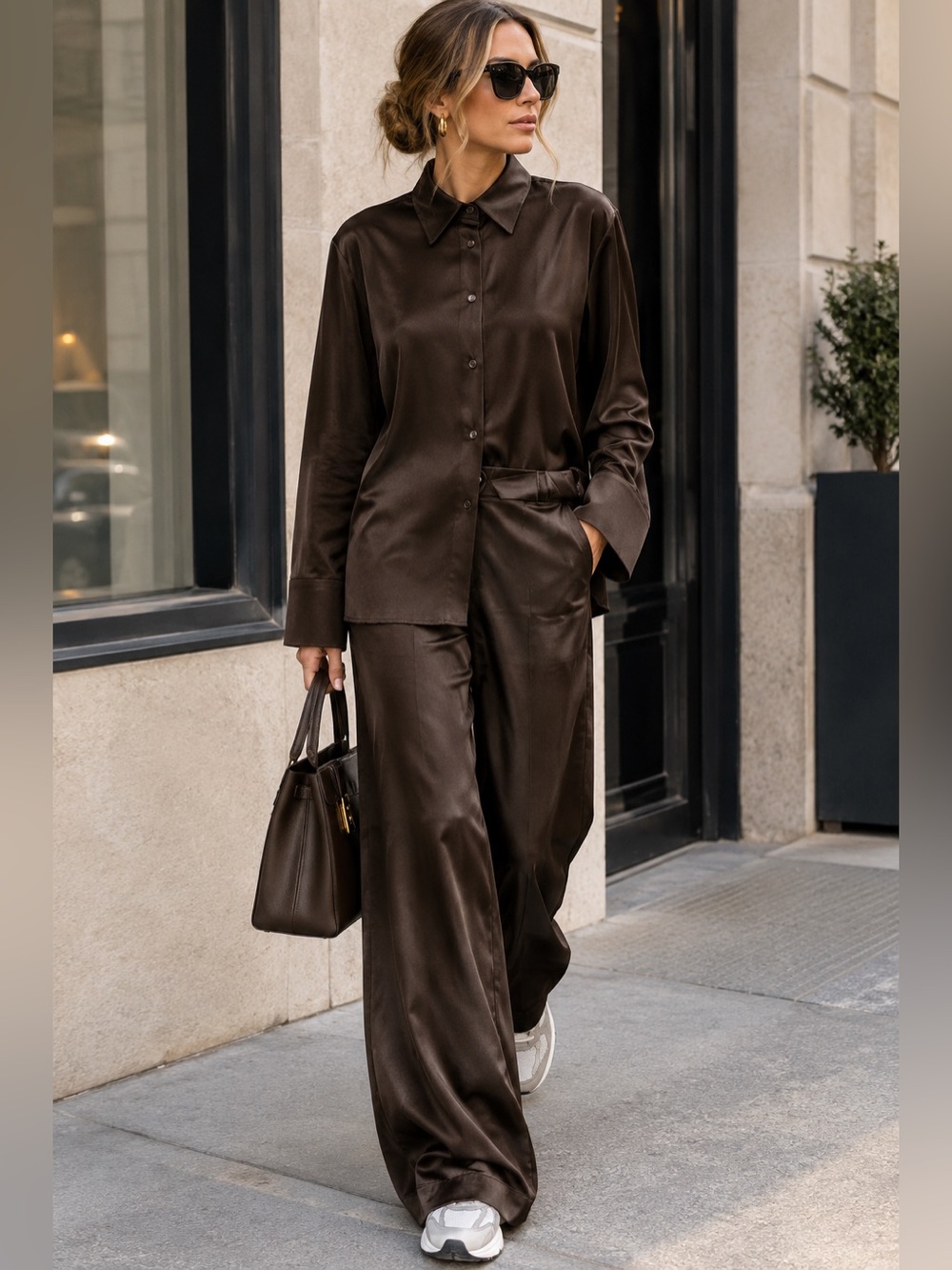 ππ€π€π€Zara BrownSatin Wide-Leg Pants with Matching Button-Up Shirt